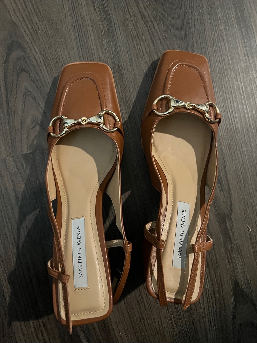 Saks Fifth Avenue Brown Leather Slingback Loafers with Gold Horsebit